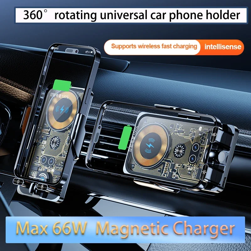 66W Magnetic Car Phone Holder 15W Wireless Charger for Phone Rorating Magnetic Charger Head for iPhone Samsung Xiaomi Huawei