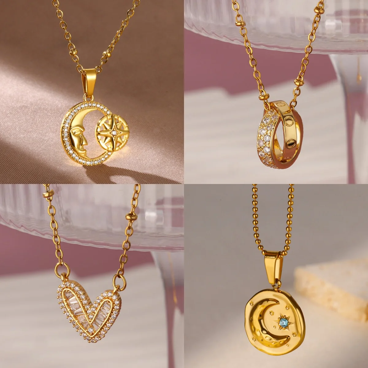 Romantische Herz-Zirkonia Damen-Anhänger-Halskette Edelstahl 18K Vergoldeter Stern-Schmuck Anhänger-Halskette