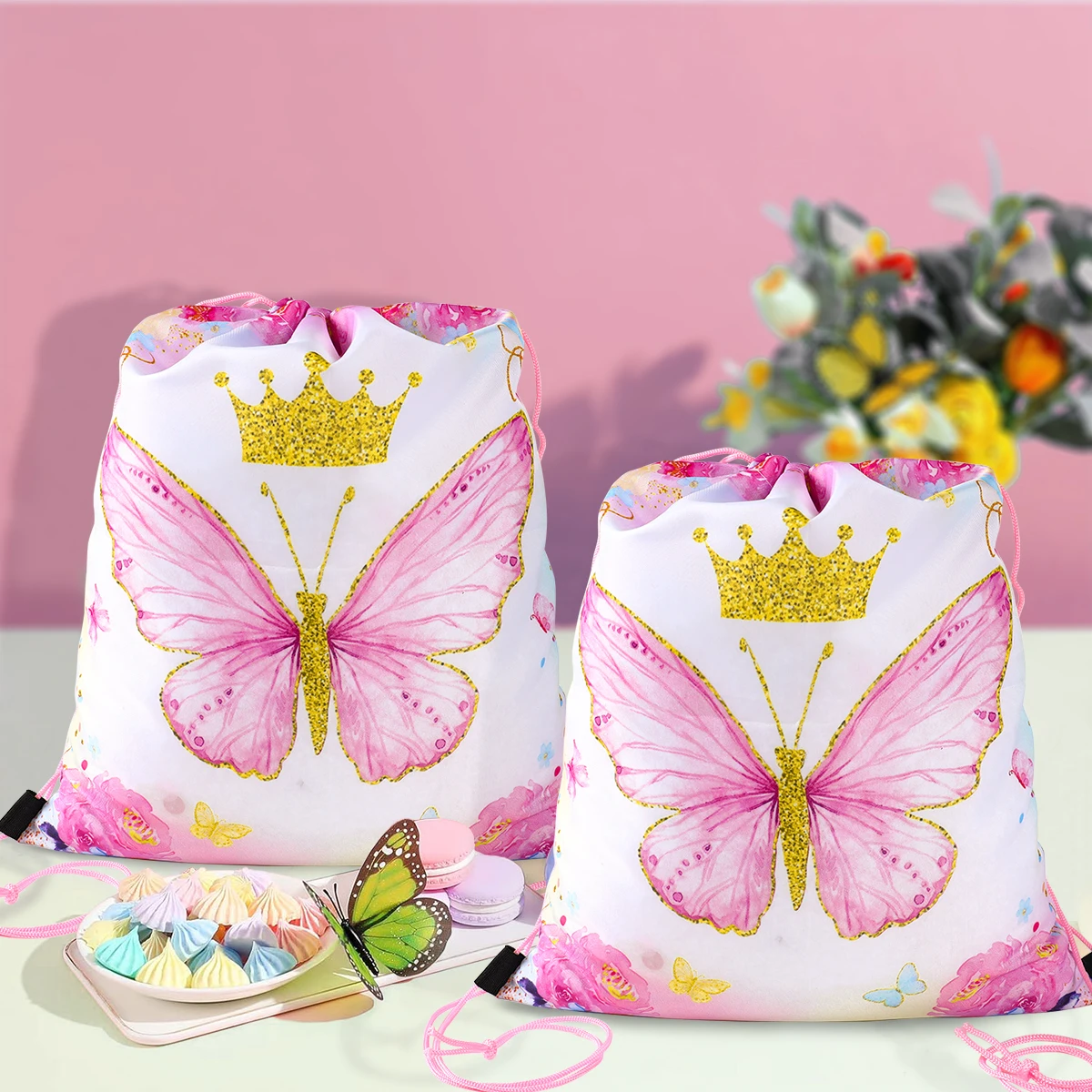 Butterfly Party Favors Drawstring Bags Waterproof Beach Treat Candy Gift Bag for Girls Kids Baby Shower Birthday Party Supplies