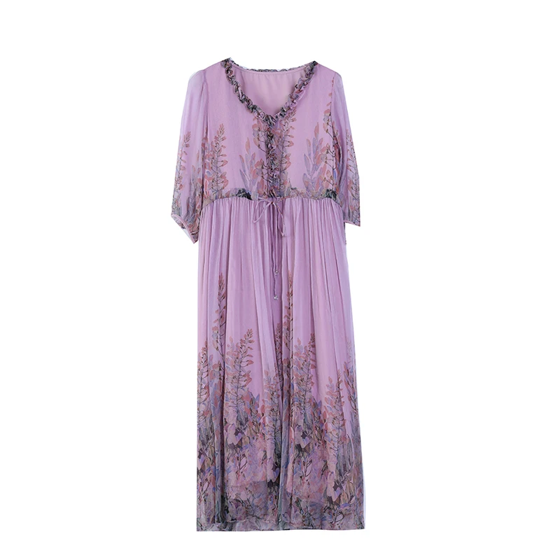 Beach Style Floral Silk Bandage Casual Long Dress for Women Summer Elegant  Loose Holiday Dress 2024 Korean Fashion Evening Dress