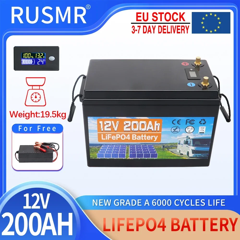 12V 200Ah LiFePO4 Lithium Iron Phosphate Battery Built-in BMS 6000 Cycles For Golf Cart Solar Inverter Boat Motor With Charger