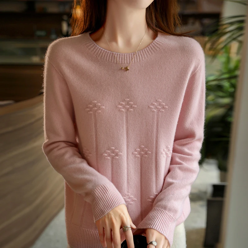 Sweter damski Pullover Okrągły dekolt Długi rękaw 100% czystej wełny Żakardowy sweter z dzianiny 024 Jesień Zima Nowy ciepły sweter bazowy