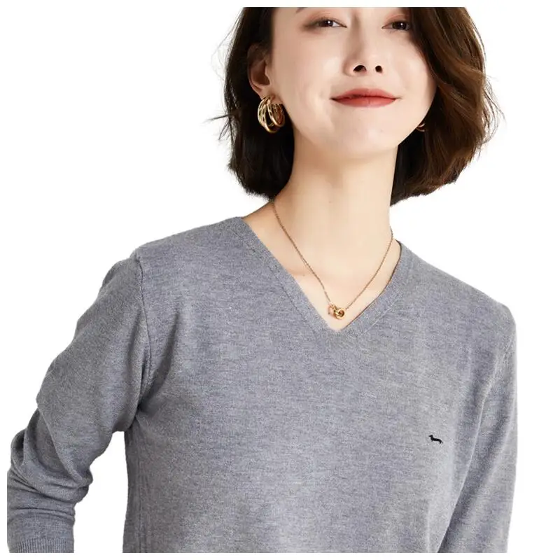 New Brand Summer Women Jersery Cotton Harmont Long Sleeve V-Neck Sweaters Long Sleeve Blaine Embroidery Soft Breathable