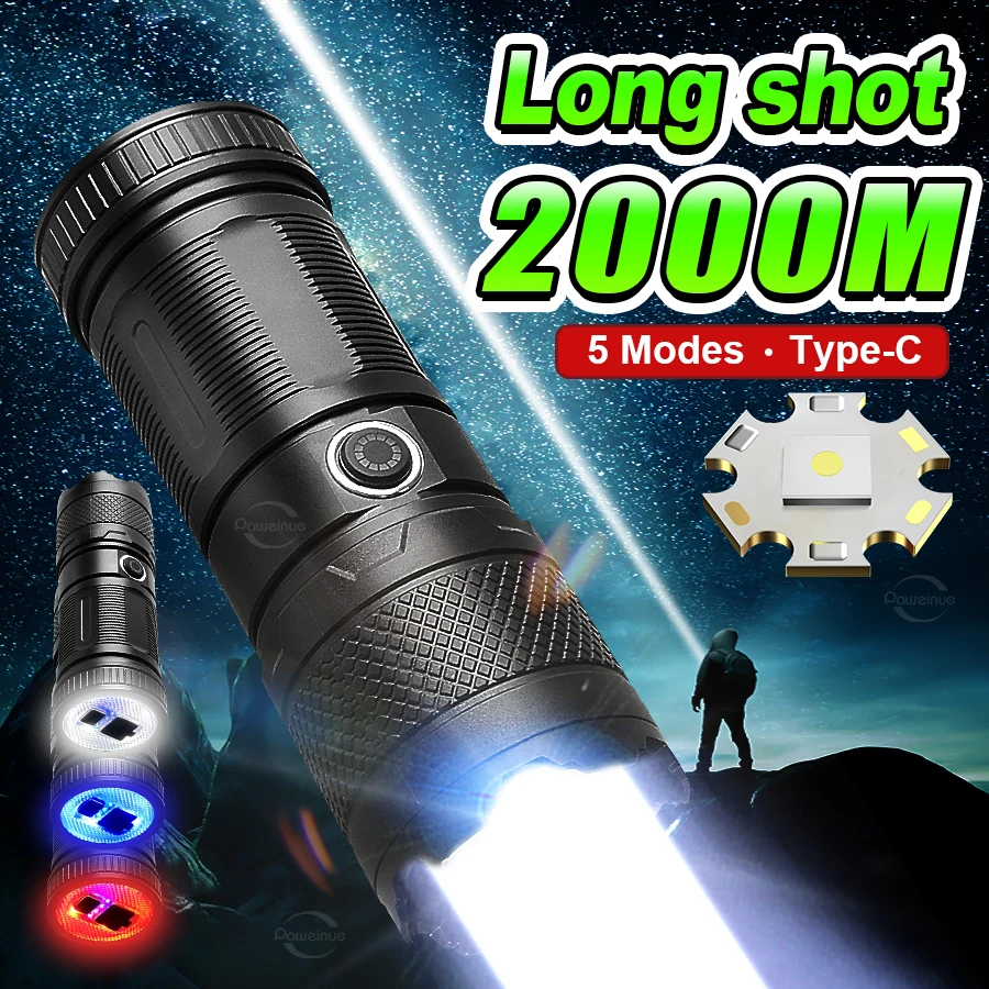 88000LM Rechargeable Flashlight White Laser 2000M Powerful LED Torch With COB Light High Power LED Flashlights Tactical Lantern