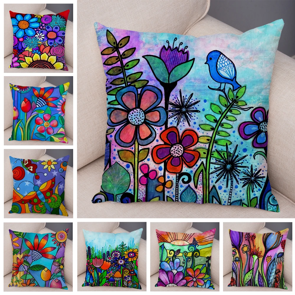 Children Oil Painting Art Cushion Cover Both Sides Plush Pillow Case Decor Cartoon Plant Throw Pillowcase for Sofa Home Car