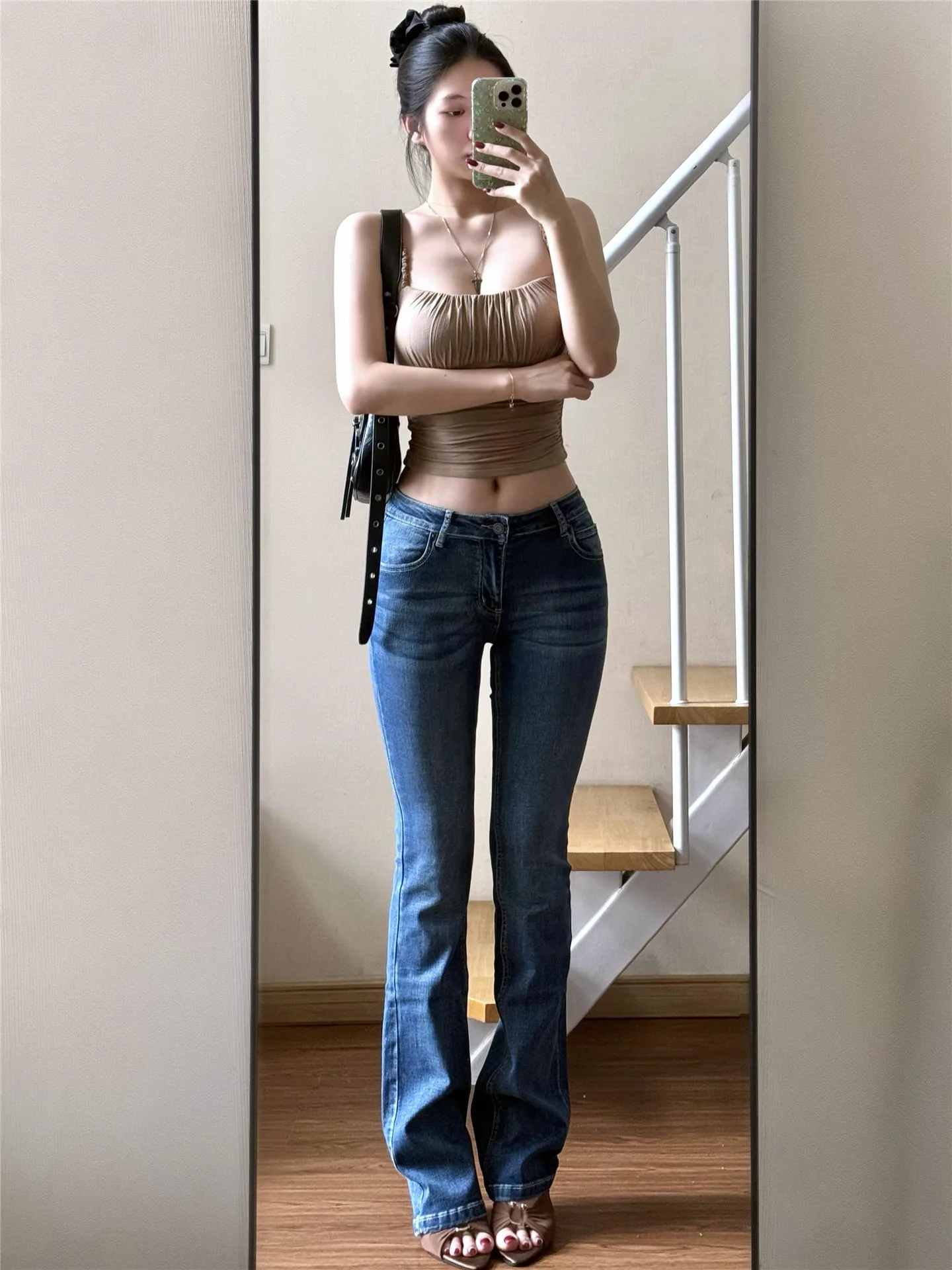 

Extended Length plus Size Low Waist Retro Blue Denim Jeans Women's Slimming Straight Leg Floor Length Micro Flared Pants