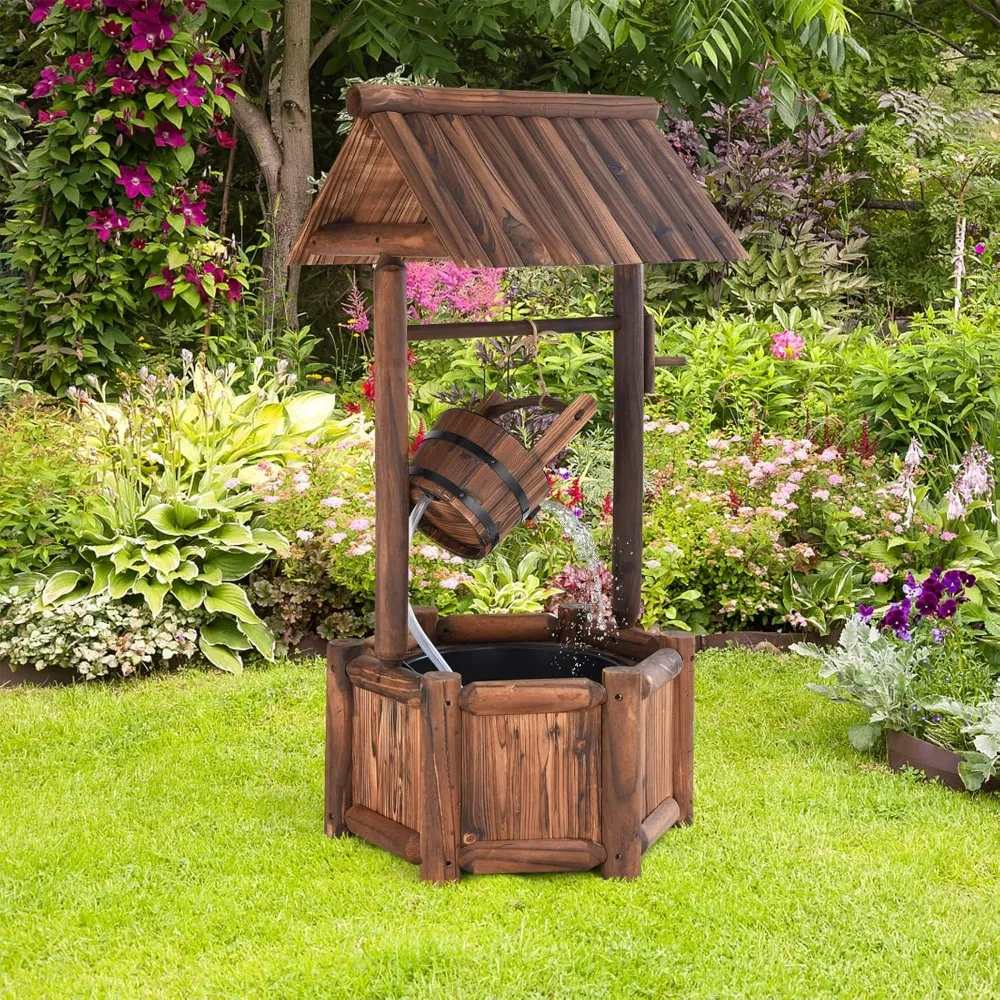 

Outdoor Wishing Well Water Fountain, Old-Fashioned Wood Waterfall Fountain with Bucket Pump, Rustic Farmhouse Decoration for Ga
