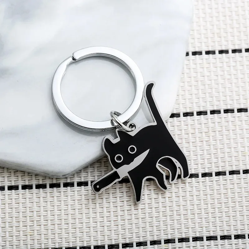 

Cute Cartoon Cat Keychain Stainless Steel Black Kitten Key Chains Keyring Bag Pendant Hanging Jewelry Gift