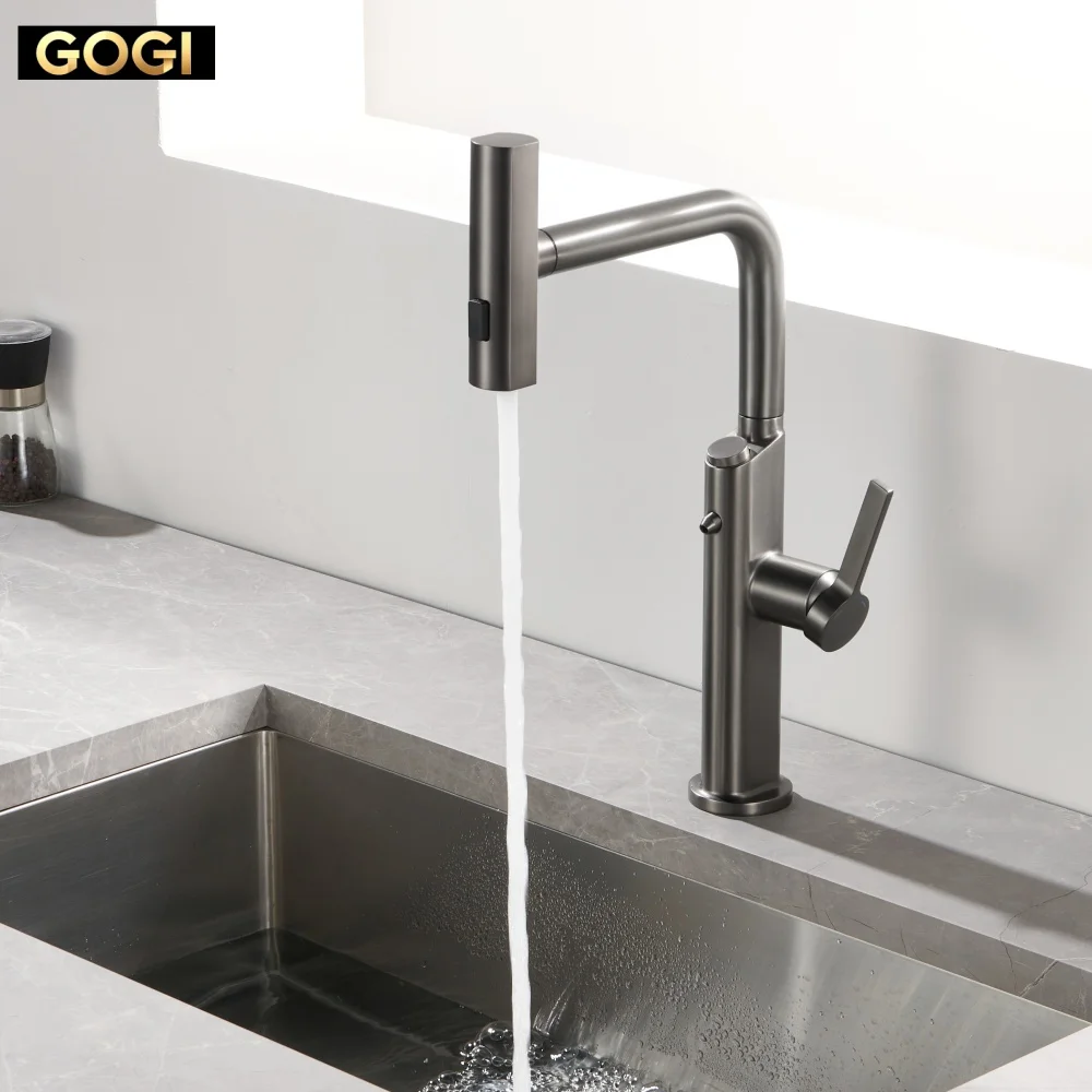 GOGI Brass 4 in1 Pull Out Kitchen Faucet Ceramic Valve 3 Water Modes 360 Rotate Cold Hot Tap With Drinking Water Outle