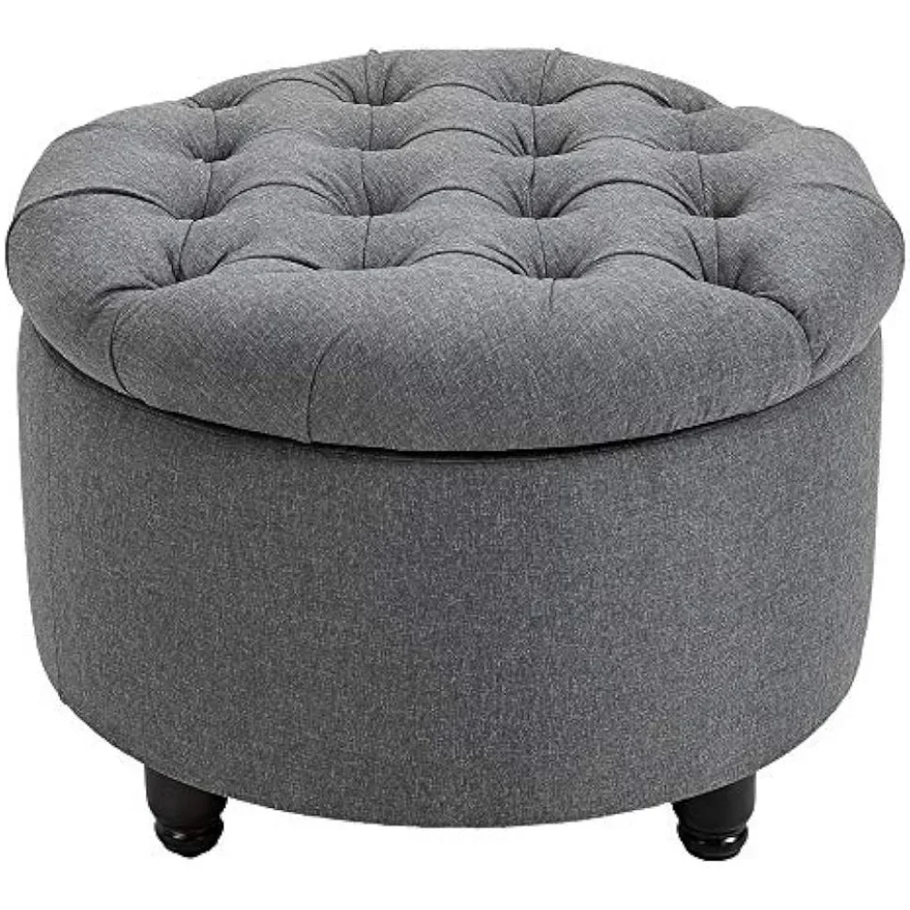 

Round Linen-Touch Fabric Storage Footstool Ottoman Button Tufted Footrest with Removable Lid, Grey