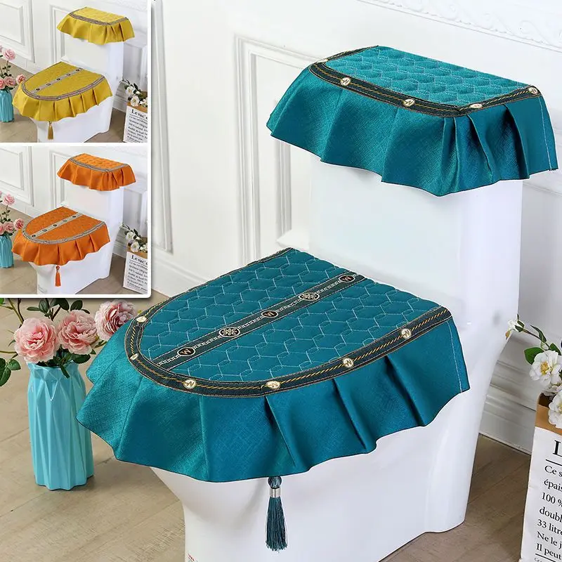 New 3 Piece Toilet Set Fabric Lace Potty Seat Zipper Household Four Seasons Toilet Mat Double-Sided Toilet Seat Cover