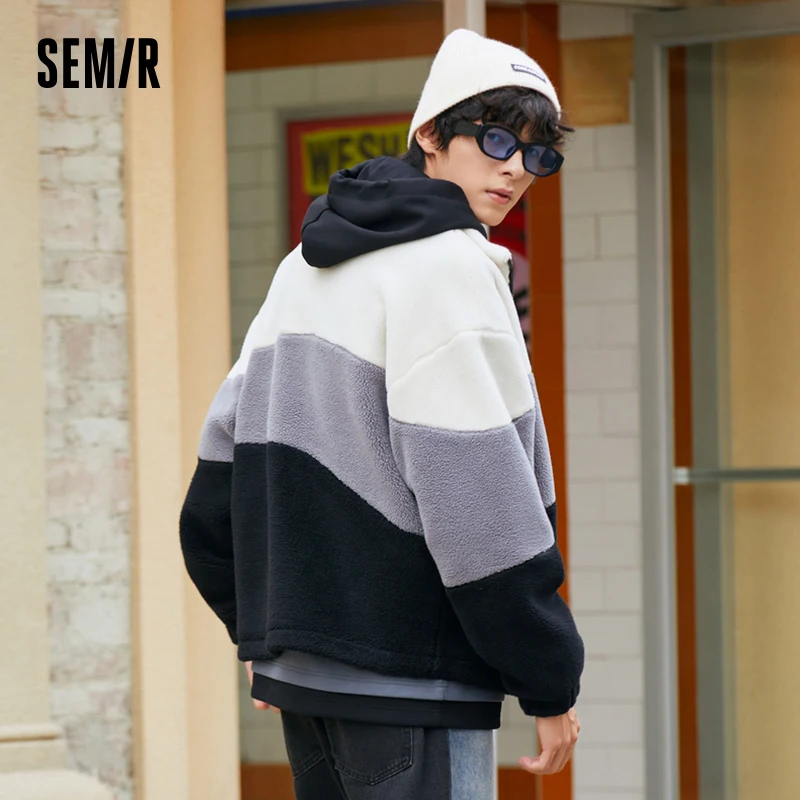 Semir Jacket Men Winter Fashion Contrasted Color Splicing Imitation Lamb Wool Loose Trendy Stand Collar Warm Jacket