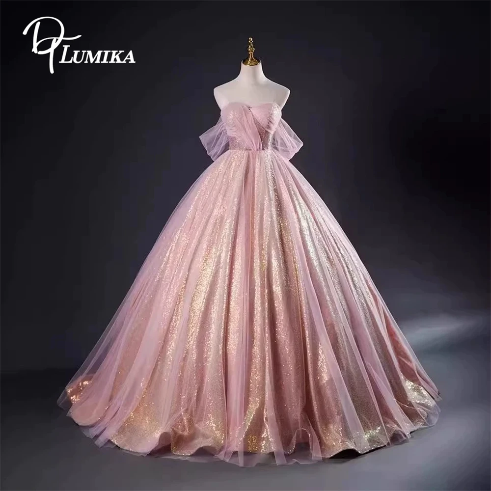 สีชมพูSequins Ball GownชุดราตรีTulleปิดไหล่อย่างเป็นทางการสําหรับผู้หญิงLace-Upกลับหวาน 15 16 ชุดSparkleชุด
