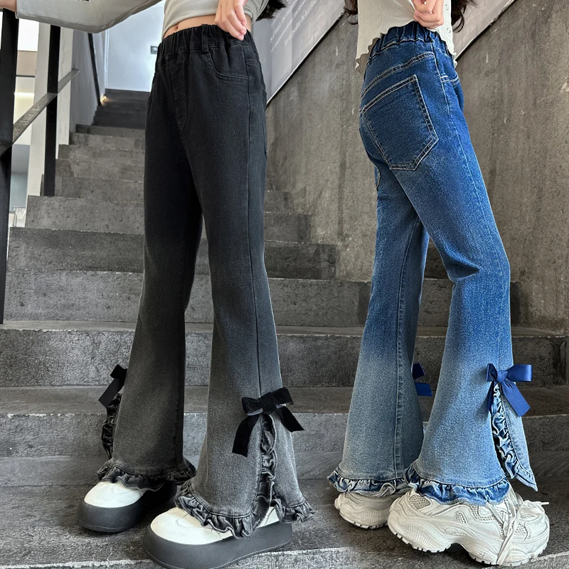 جديد أطفال تصميم الأطفال مايكرو مضيئة الجينز لفتاة المألوف الشارع الشهير سليم صالح Bootcut التدرج الدنيم السراويل مع القوس 4-14 Y #1