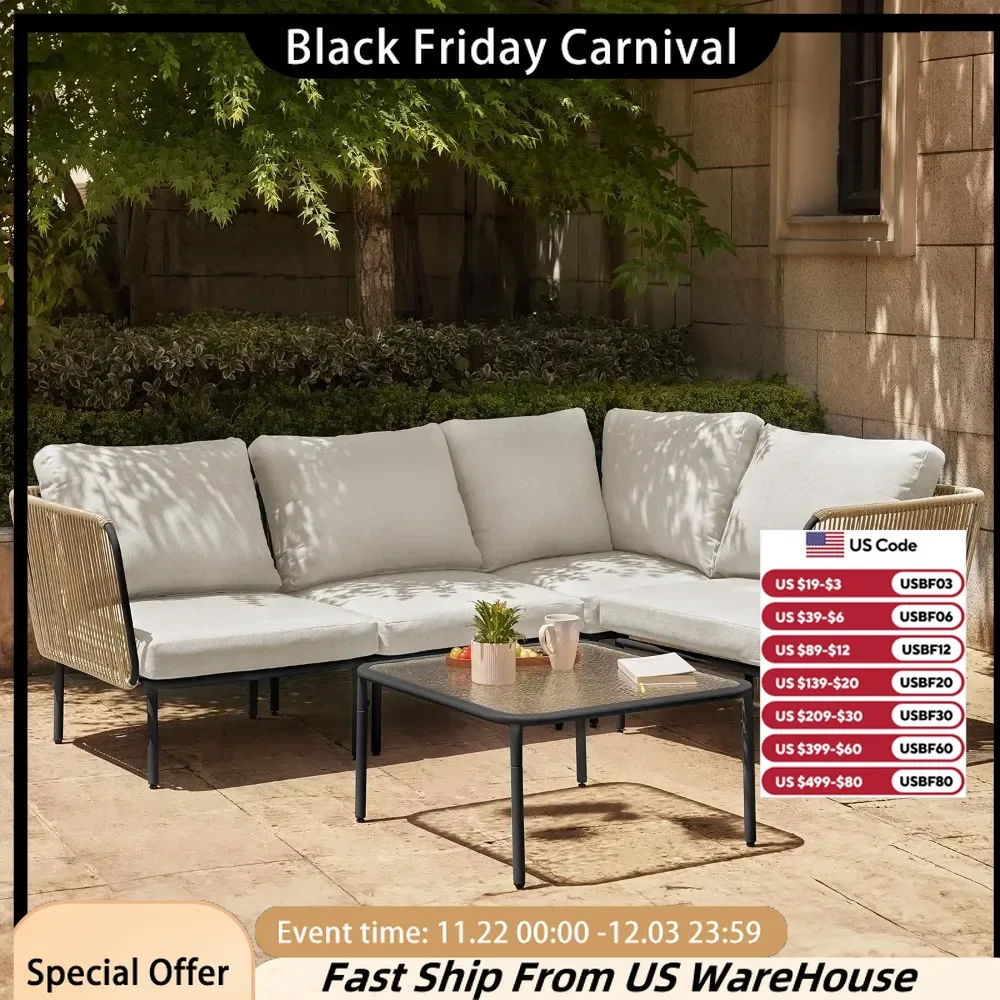 5-Piece Montauk Modular Furniture, Outdoor Corner Sofa with Cushion and Glass Coffee Table Modern Patio Conversation Set