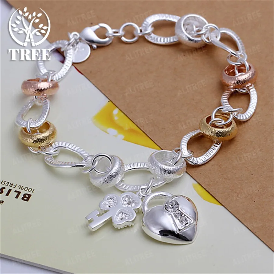 

Wholesale new cute 925 sterling Silver Bracelets charms Heart key for Women men lover Wedding Pretty Jewelry Fashion Chain