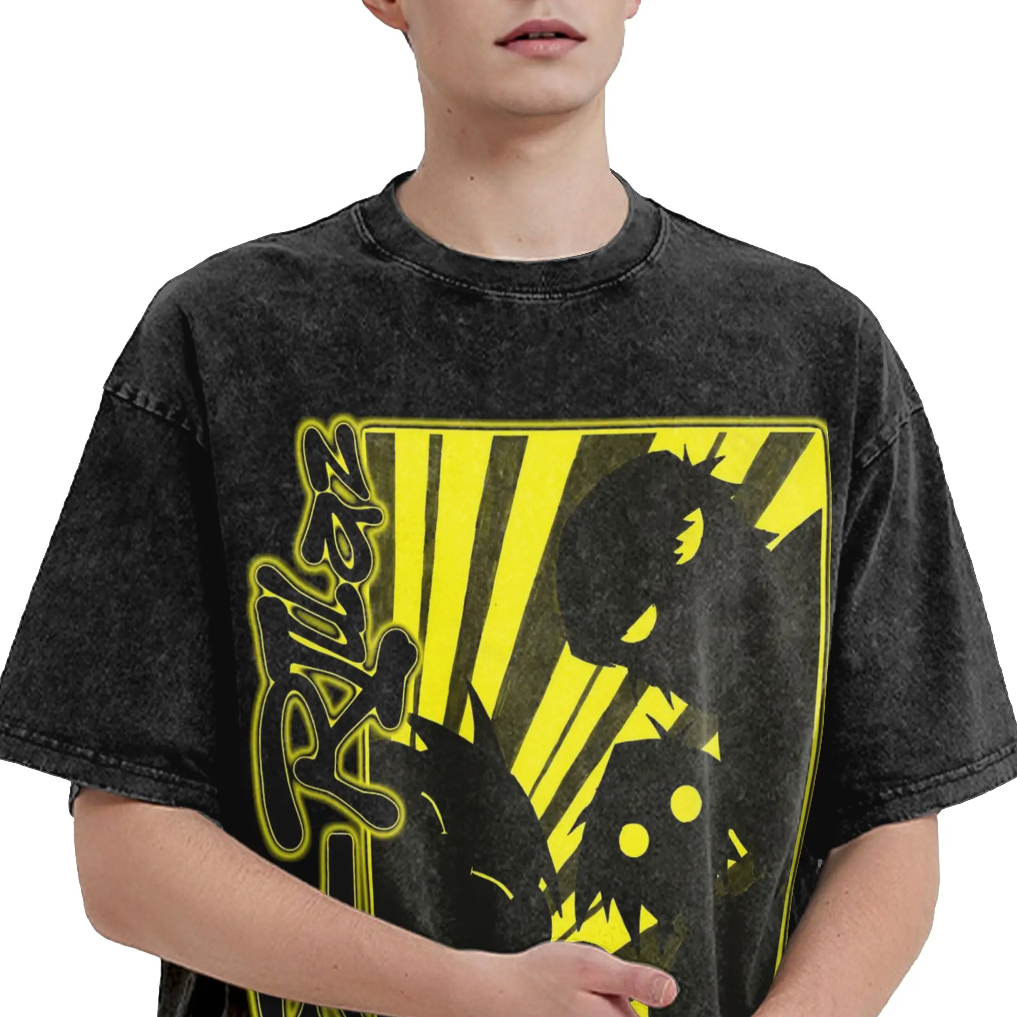 Yellow Silhouette Frame Rock Band Gorillaz Washed T Shirt Streetwear Hip Hop Vintage T-Shirts  Tee Shirt for Men 100% Cotton