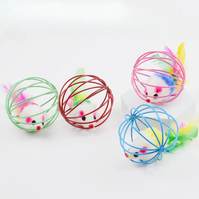 Cage rat happy cat toy plush simulation color mouse fun cat ball Feather Mice In Cage Cat Toy Pet Supplies 