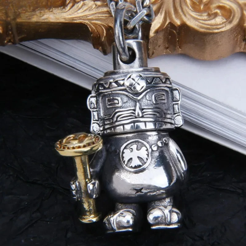 New S925 Sterling Silver Personalized Rotatable Chieftain Holding Brass Scepter Indian Wizard Pendant Male and Fema