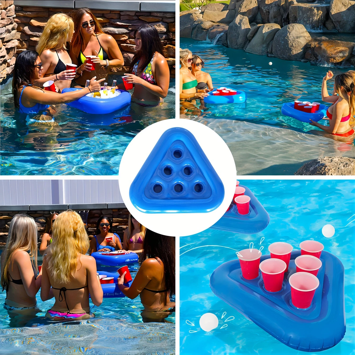 1pc Blue 6-hole Floating Inflatable Triangle Drinks Cup Holder Swimming Pool Floats Table  Tray Coasters Summer Party Decoration
