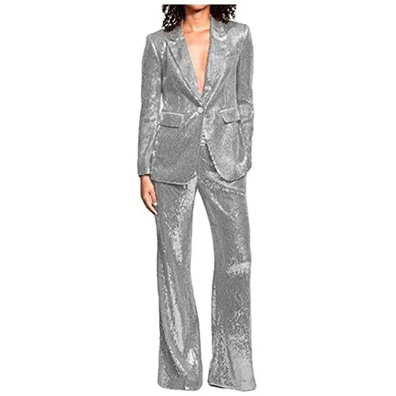 Pantalon de smoking imbibé de paillettes pour dames, bouton unique, ensembles décontractés imbibés, fête de Rh, mariage, bureau, mode, 2 pièces