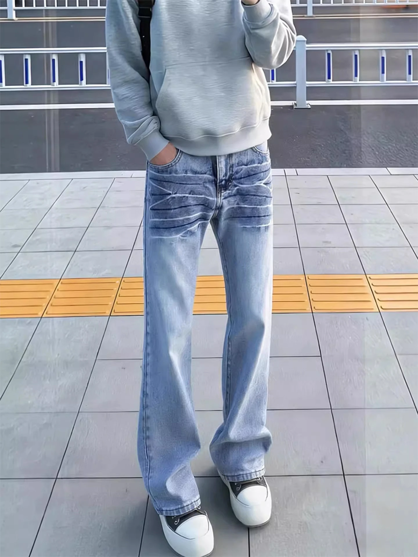 

American High Street Light Blue Lightning Pattern Knife Jeans Men's CleanFit Waed Straight Leg Slimming Flared Pants