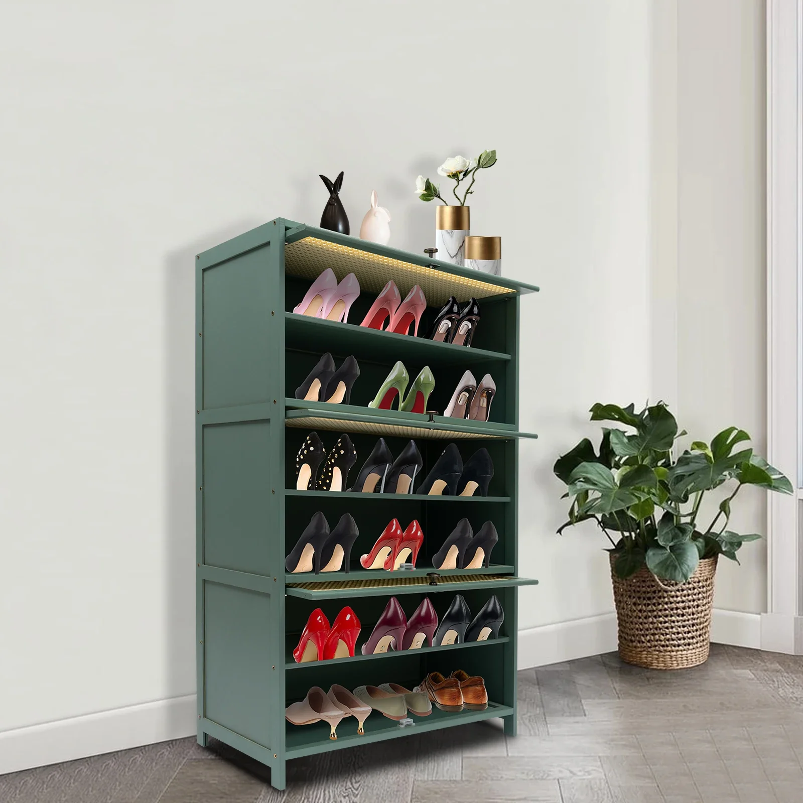 7 Layers Modern Bamboo Shoe Cabinet with 3 Doors, Green Freestanding Organizer Rack, Suitable for Shoes, Books, and Decorations