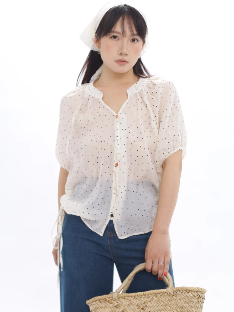 

Ohmyloli Vintage Polka Dot Texture irt Transparent Side Dstring oulder Sve French Sle Loose Fit Polyester Fiber