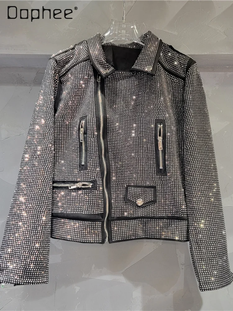 

Street Hipster Rhinestone Oblique Zipper Loose Coat 2024 Autumn Design Sense Zipper Cuff Full Diamond Short Jacket for Women