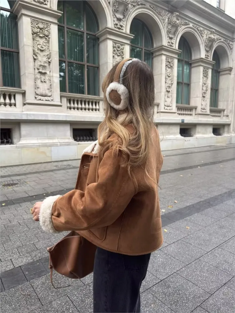 الخريف المرأة مزدوجة الوجه سترة عادية عالية الياقة كم طويل Pcoket سيدة عكسها فو الجلد المدبوغ معاطف الإناث شيك القمم