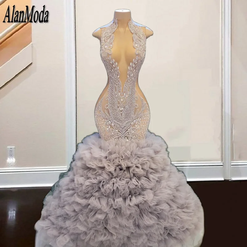 

Роскошное фото для черных девушек с оборками фатиновое платье с высокой горловиной для торжественных случаев вечернее платье