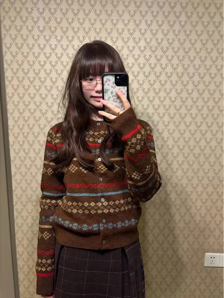 Women Casual Knit Cardigan Vintage Jacquard Long Sleeve Button Knitwear Sweater Loose Retro Print Autumn Winter Cropped Outwear