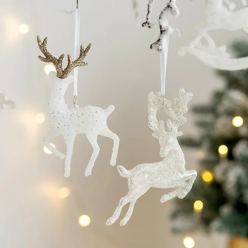 Christmas Tree Drop Ornaments Glitter Small Xmas Deer Oranments Xmas Elk Merry Christmas Decor Happy New Year 2025 White Deer