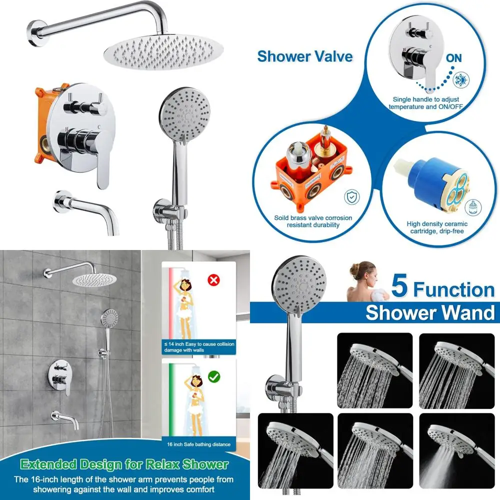 

Complete Shower System with 10 Rain Shower, Tub Spout, and Handheld, Including Rough-in Valve and Trim Kit