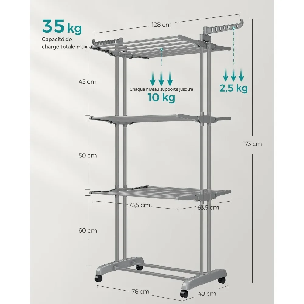 Stendibiancheria Pieghevole a 4 Livelli, Grande Stendino su Ruote, Organizzatore per Lavanderia 64×126×172cm