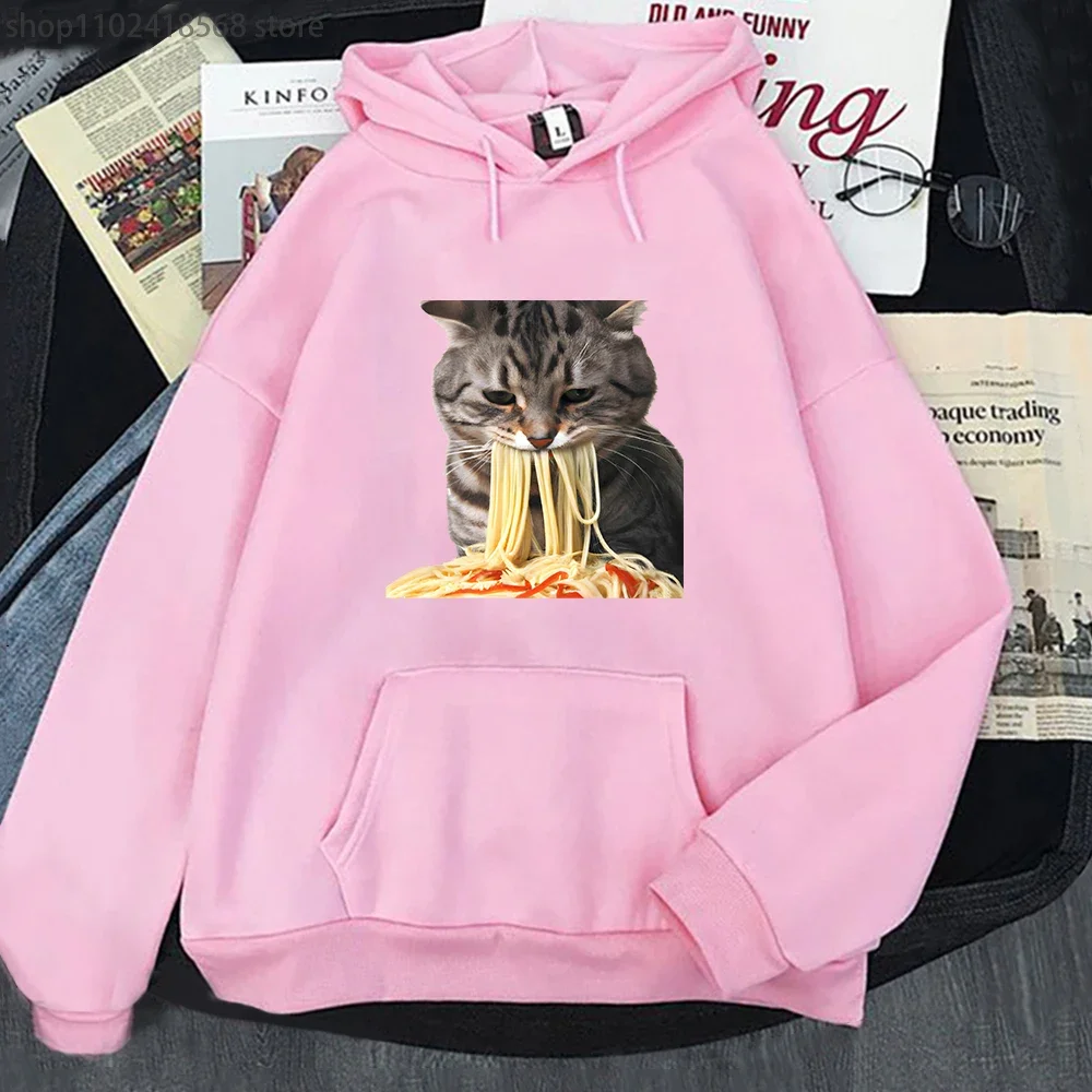 Cat Eating Spaghetti Hoodies Women Cute Graphic Sweatshirt  Y2k Clothes Harajuku Tops Kawaii Girls Streetwear Men Print Pullover