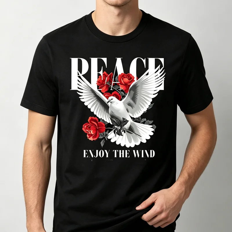 Peace Dove Rose Graphic T-Shirt Enjoy The Wind Letter Print Unisex Casual Cotton Streetwear Tops Elegant Bird Flower Fashion Tee