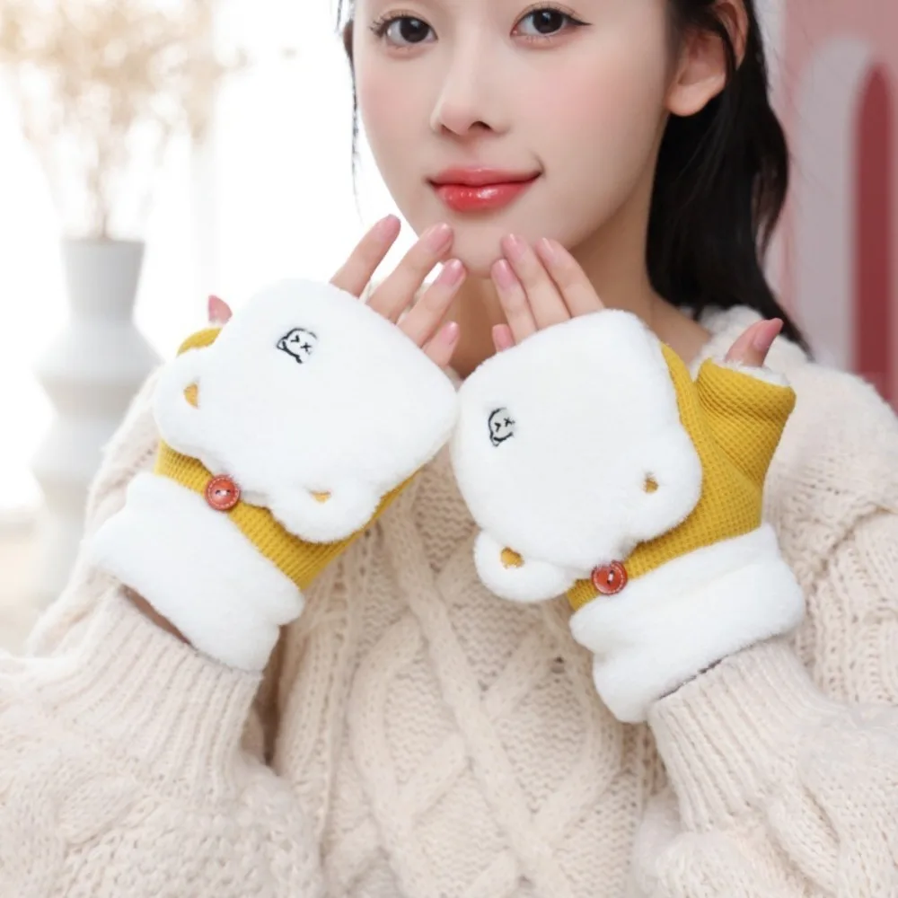 Cute Thickened Half Finger Gloves Warm Plush Winter Mittens Flip Soft Fingerless Gloves Women