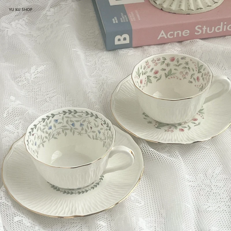 Bone China Embossed Flower Coffee Cup Saucer Retro Tea Cups Saucer Simple Elegant Teacup Dish Tazas De Cafe Coffee Mug Drinkware