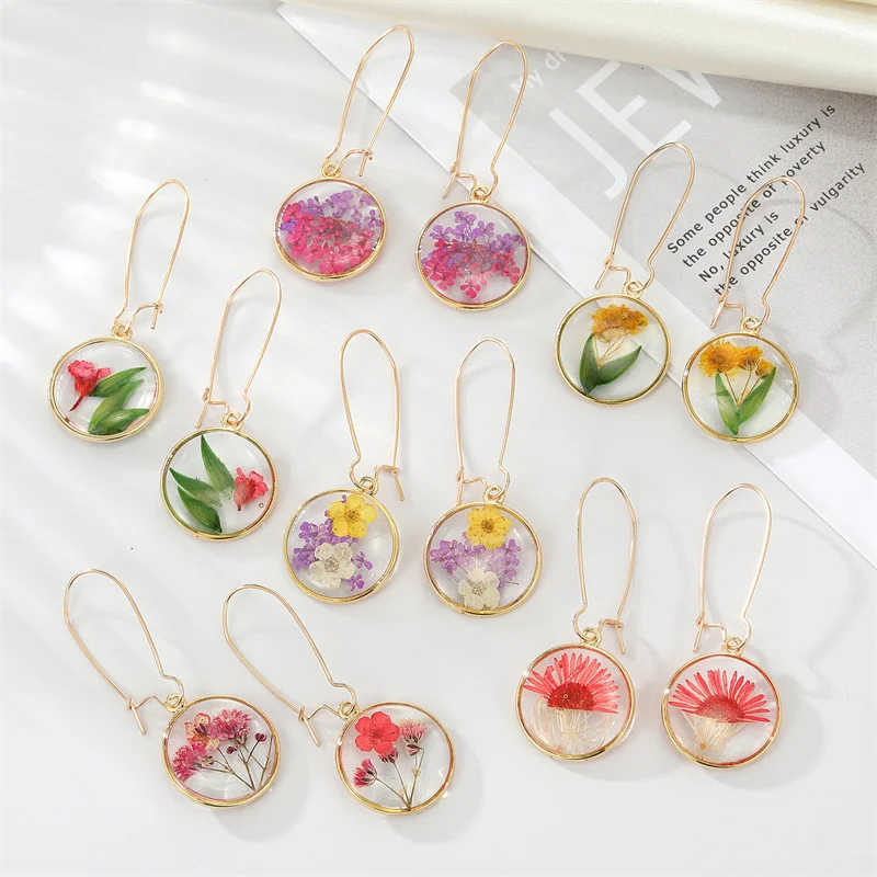 Artificial Flower Plant Hoop Earrings For Women Round Colored Dried Flower Leaves Pendant Drop Earring Party Wedding Jewelry