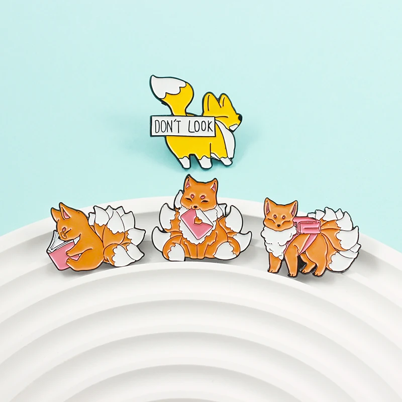 Enamel Pin DON'T LOOK Butt Cocky DogNine tails Fox Animals Brooch Lapel Badge Unisex Jewelry Gift Accessories Cartoon Dogs Foxs