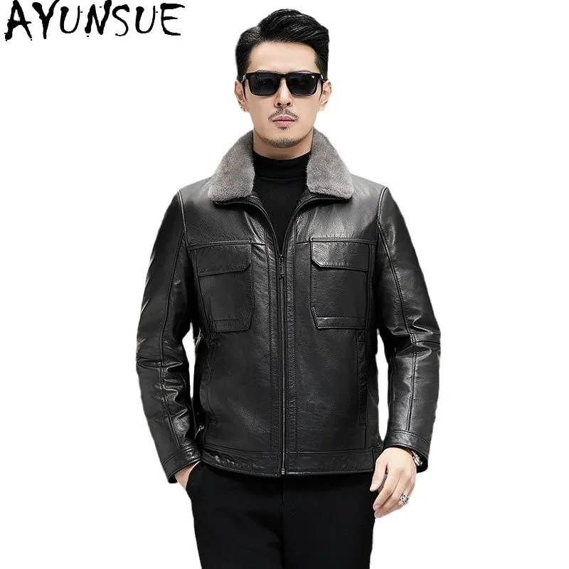 

AYUNSUE куртки из 100% натуральной коровьей кожи, мужские зимние короткие теплые куртки-пуховики со съемным воротником из норки, черные пуховые пальто 2025