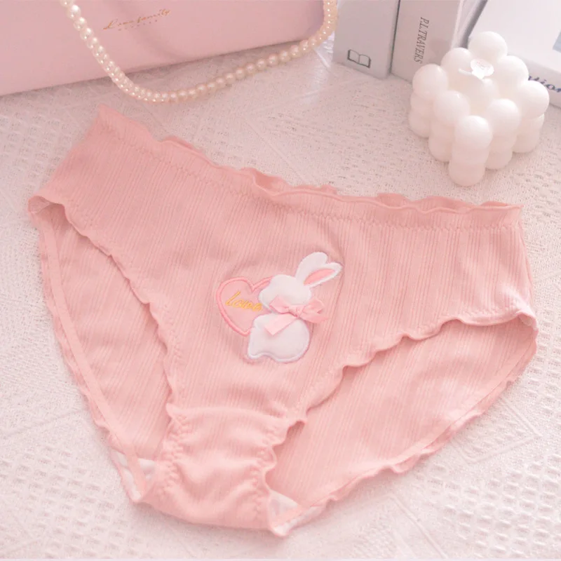 Autumn/winter Plush Rabbit Applied-cloth Embroidered Underwear Cute Sweet Ruffled Girl Briefs Seamless Breathable Panties