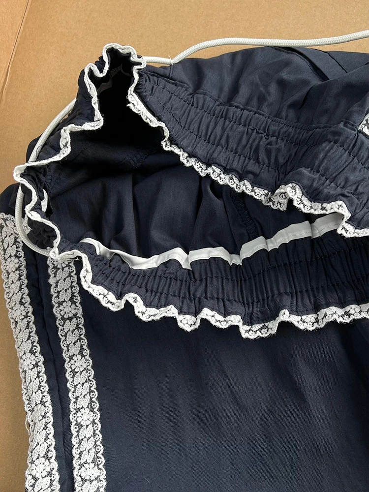 Koreańskie spodnie damskie z wysokim stanem, w paski, z koronkowymi wstawkami, letnie, cienkie, z szerokimi nogawkami, codzienne, sportowe, do pracy, styl Sle ket.