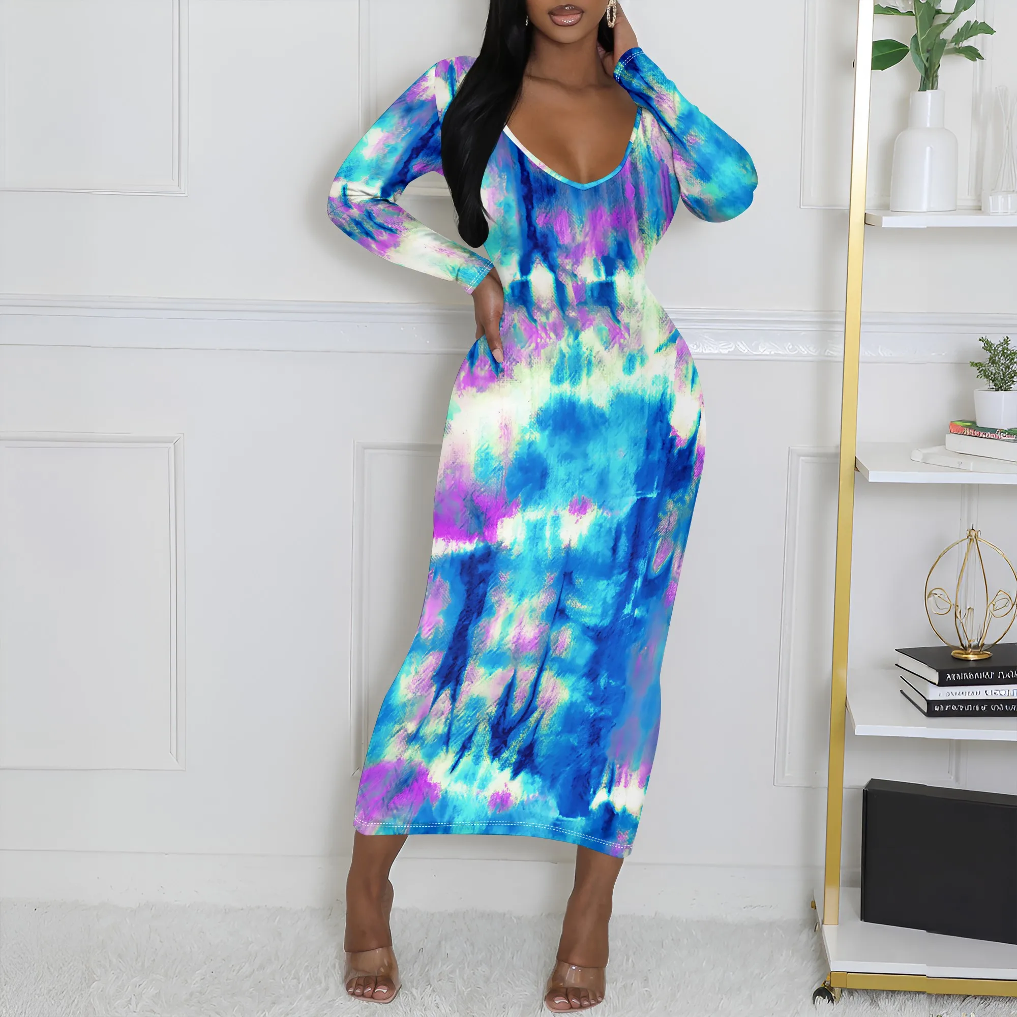 

Women's A utumn Long- Sleeved 3D Printed Geometric Printed Striped Sexy Long- Sleeved Dress