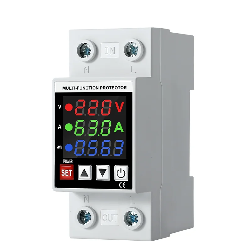 

DIN Rail Dual Display Adjustable Voltage Current Protector Relay for over under Voltage Protection 63A