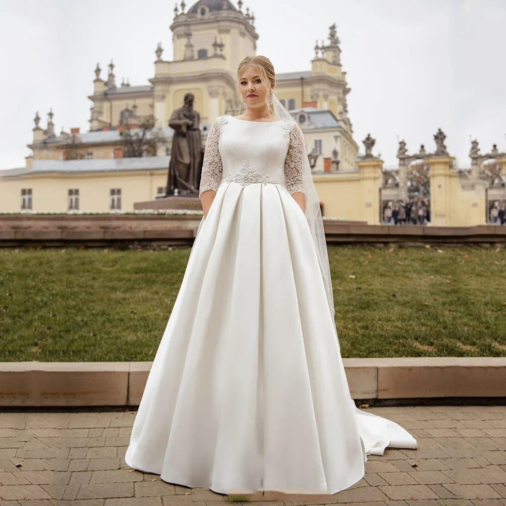 Classic Wedding Dresses Plus Size Jewel Neck Half Sleeves Bride Gown Lace Beads Floor Length A-Line Satin Vestido De Novia