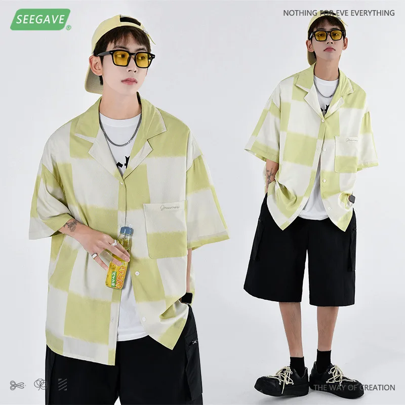 

Square match color suit collar loose light hang down feeling of personality trend street short sleeve shirt for men