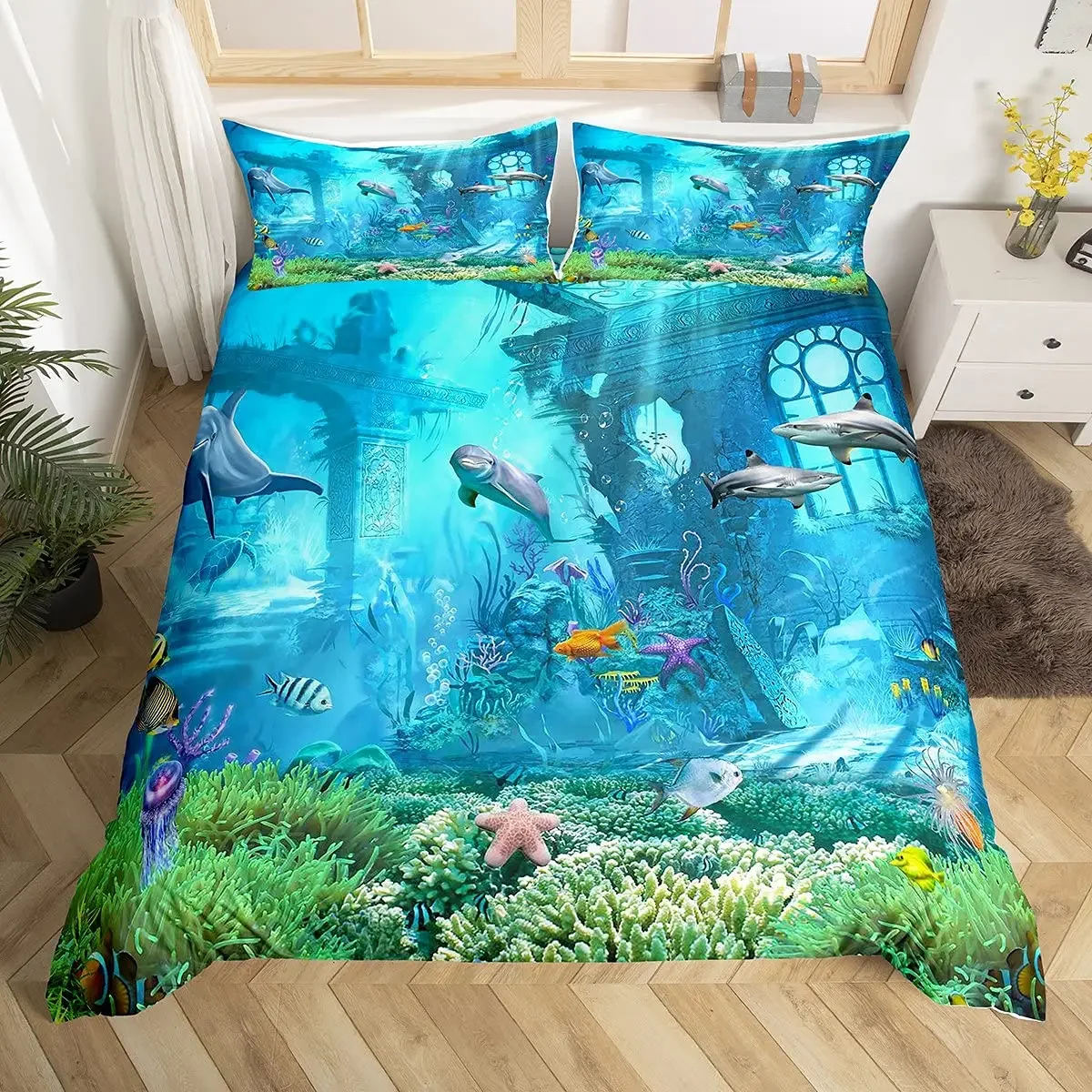 Fish Duvet Cover Set Ocean Bedding Sets 3D Printed Underwater World with Shark Dolphin Coral Reef Pattern Quilt Cover Set 2/3pcs