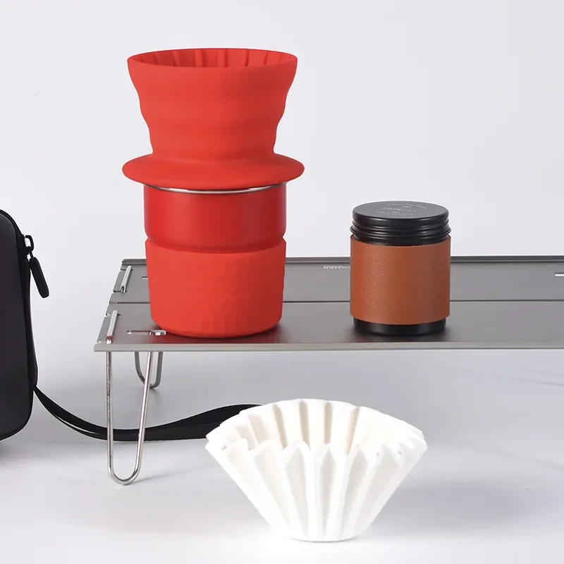 Travelling Hand Brewed Coffee Set,Outdoor Car Camping Cake Shape Silicone Filter Cups,Starter Set Gift,Stainless Steel Cup